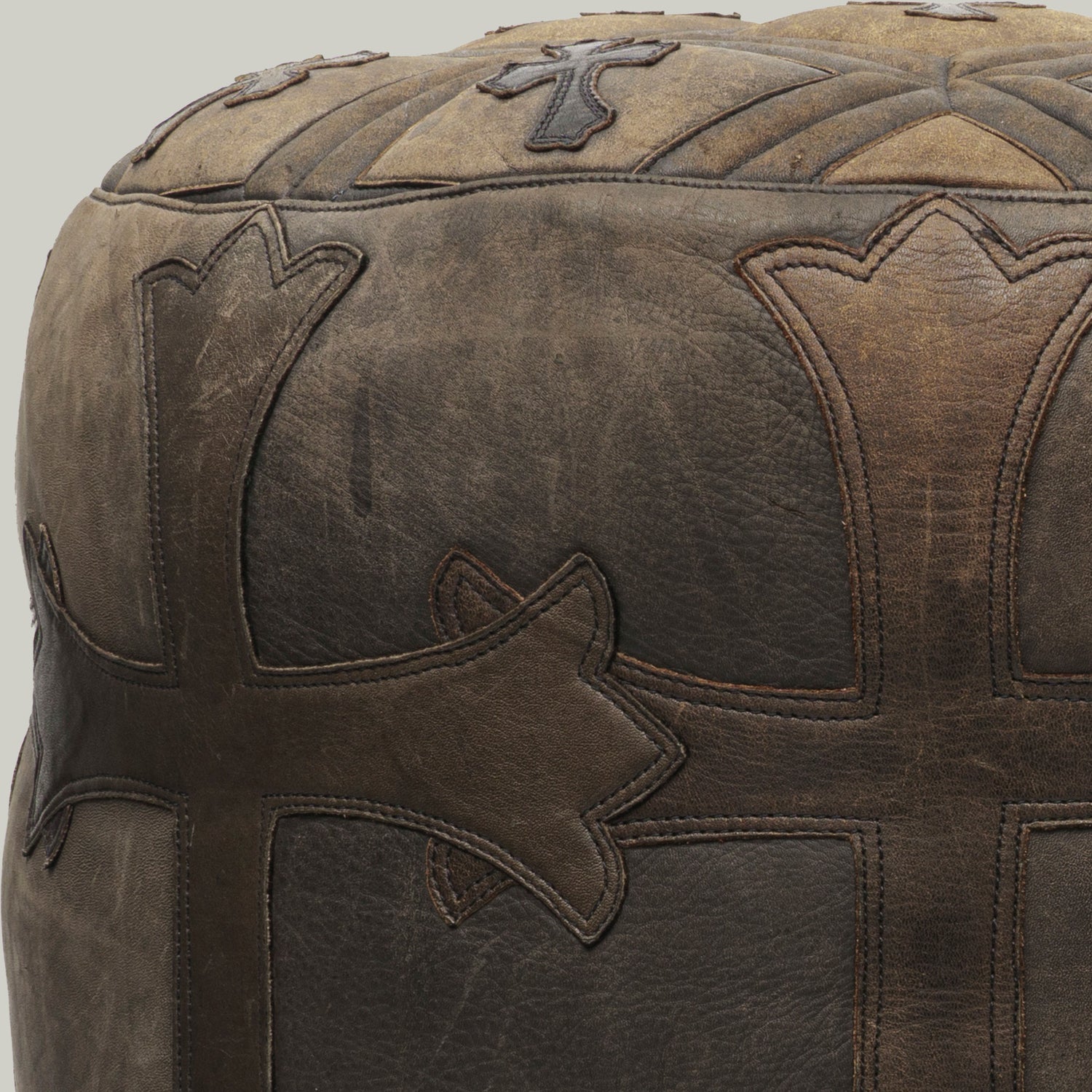 Brown Leather Sitting Stool Cross Patch