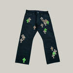 Chrome Hearts Green & Leopard Cross Patch Jeans