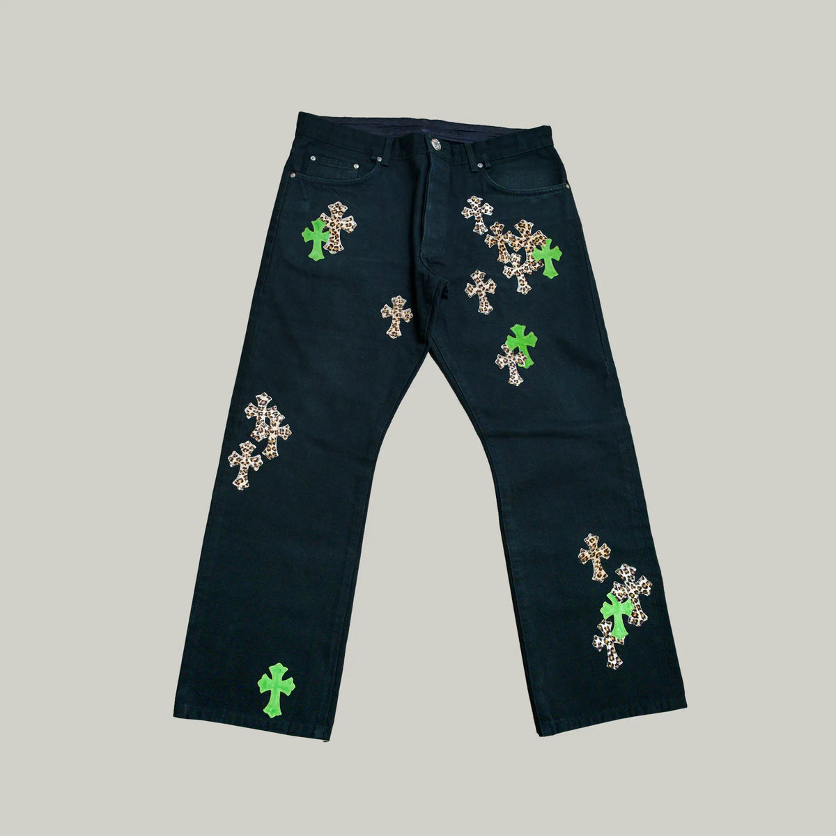 Chrome Hearts Green & Leopard Cross Patch Jeans