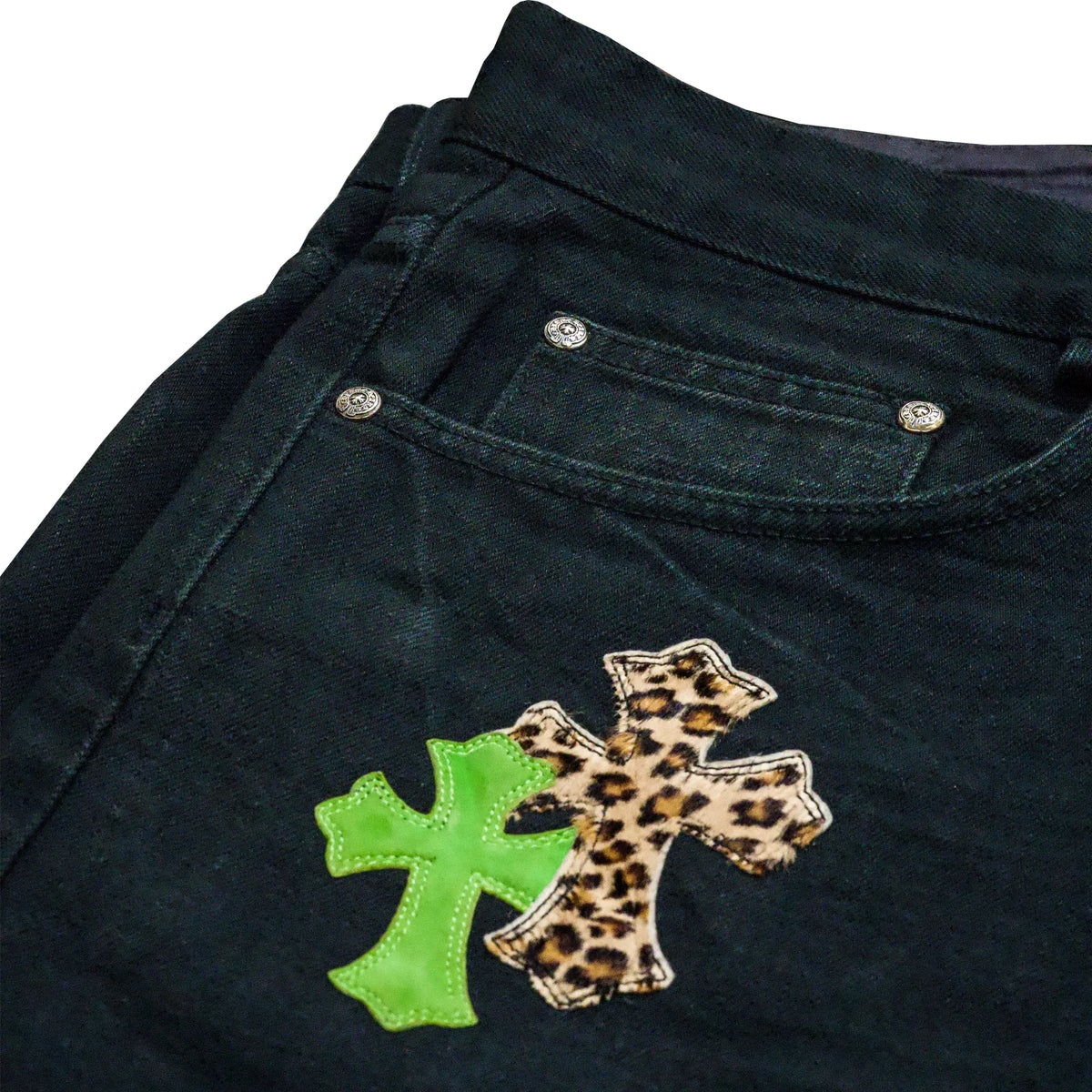 Chrome Hearts Green & Leopard Cross Patch Jeans