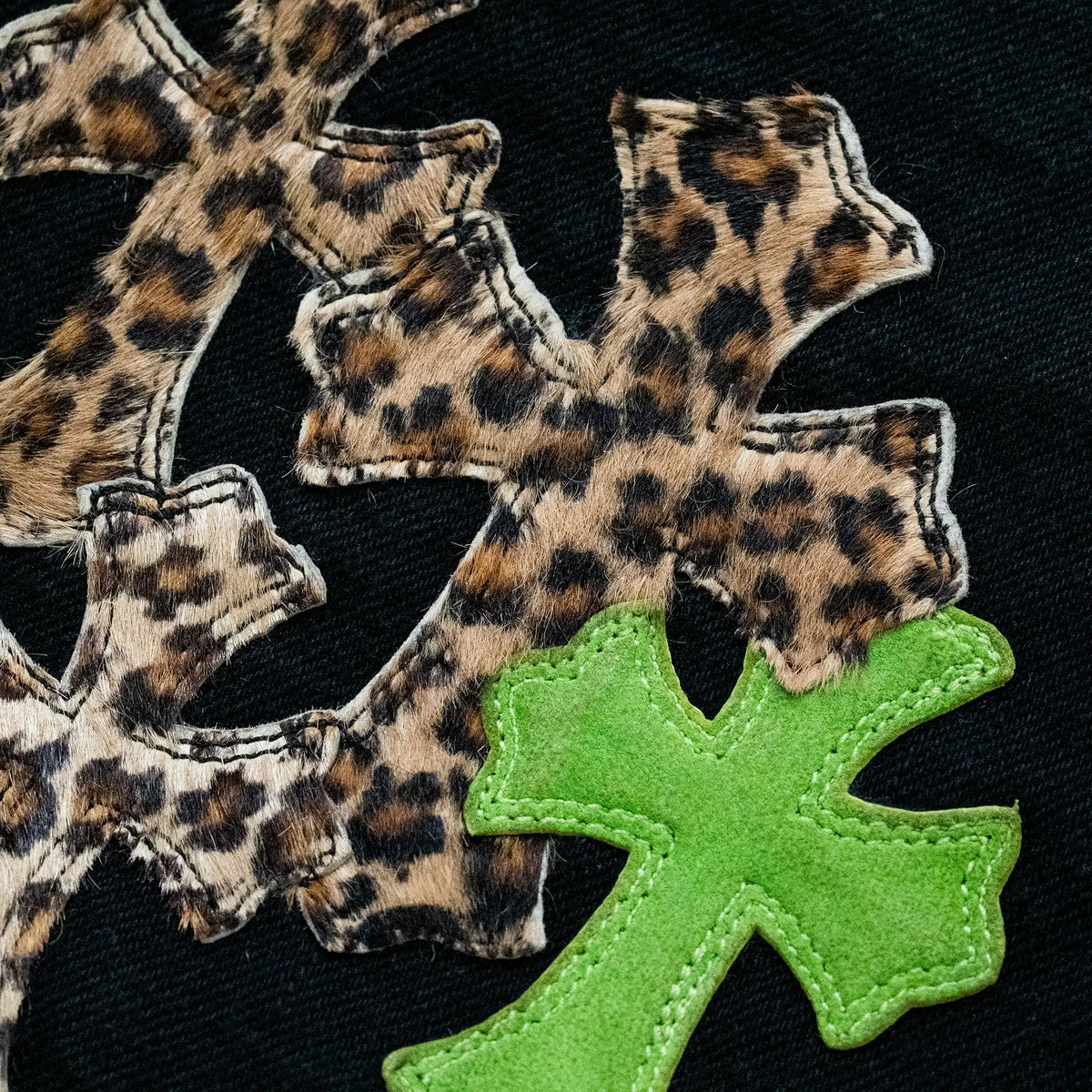 Chrome Hearts Green & Leopard Cross Patch Jeans