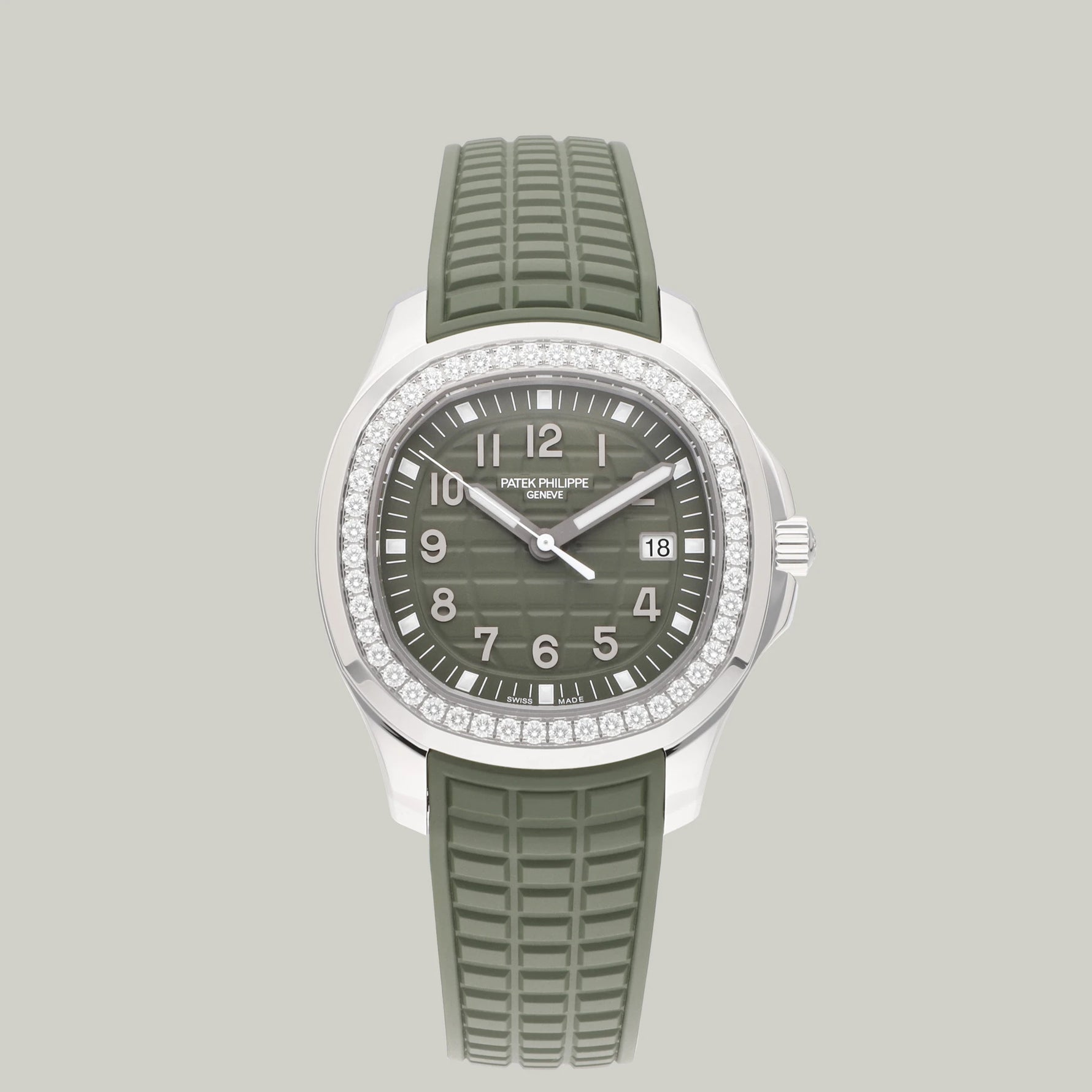 Patek Philippe Aquanaut Luce Ref. 5267/200A-011 with diamond-set bezel and khaki dial and rubber strap