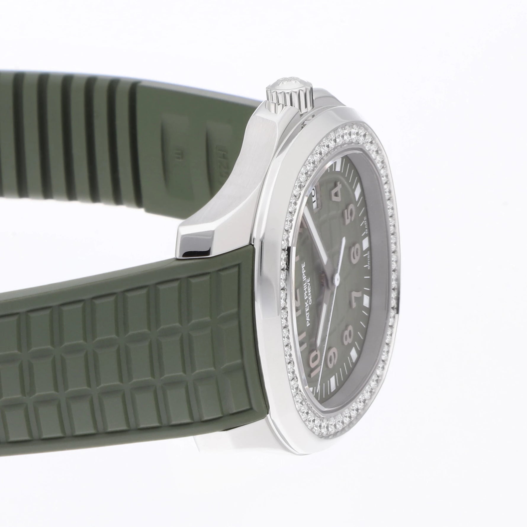 Patek Philippe Aquanaut Luce Ref. 5267/200A-011 with diamond-set bezel and khaki dial and rubber strap