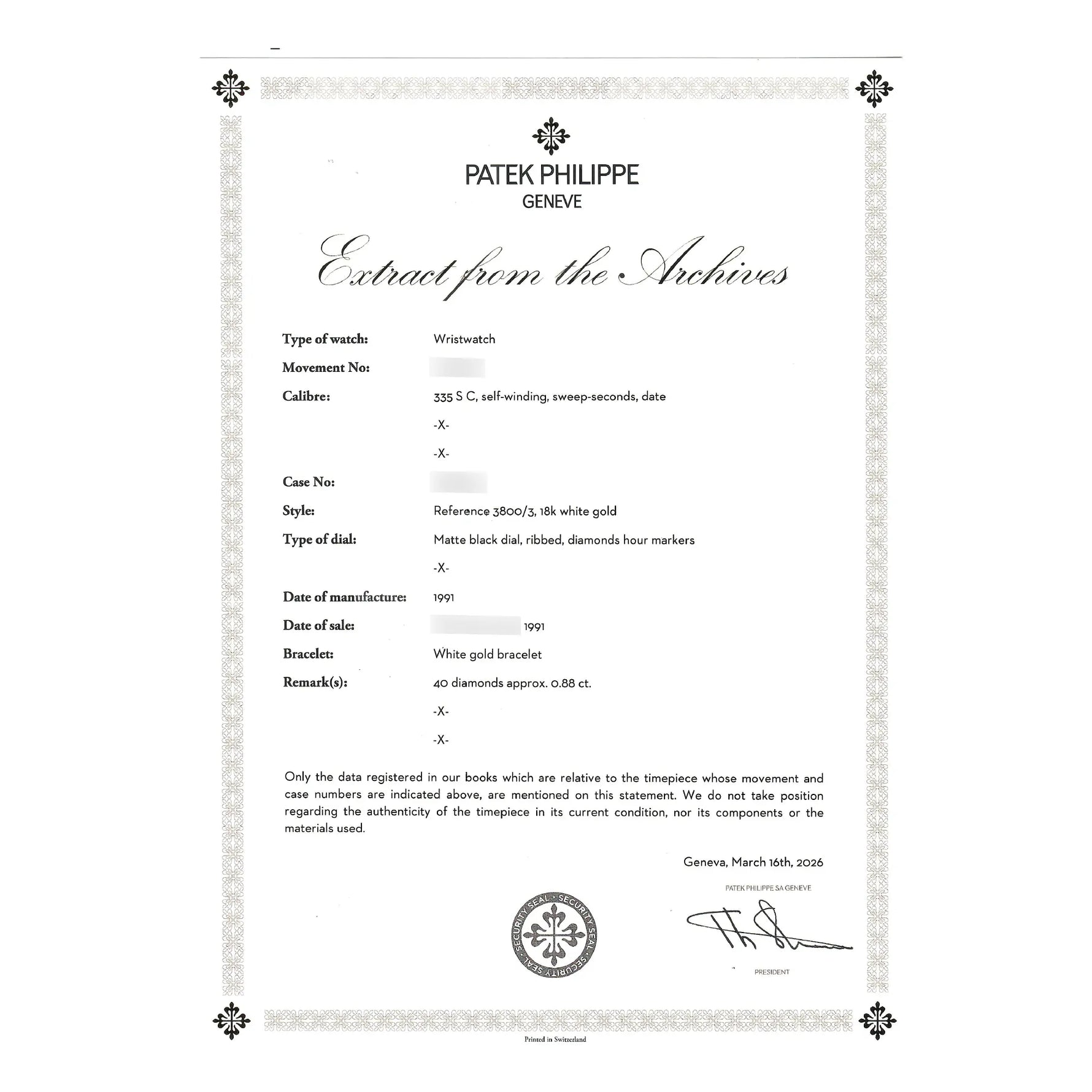 Patek Philippe Nautilus Ref. 3800/3 diamond-set bezel from 1991, extract