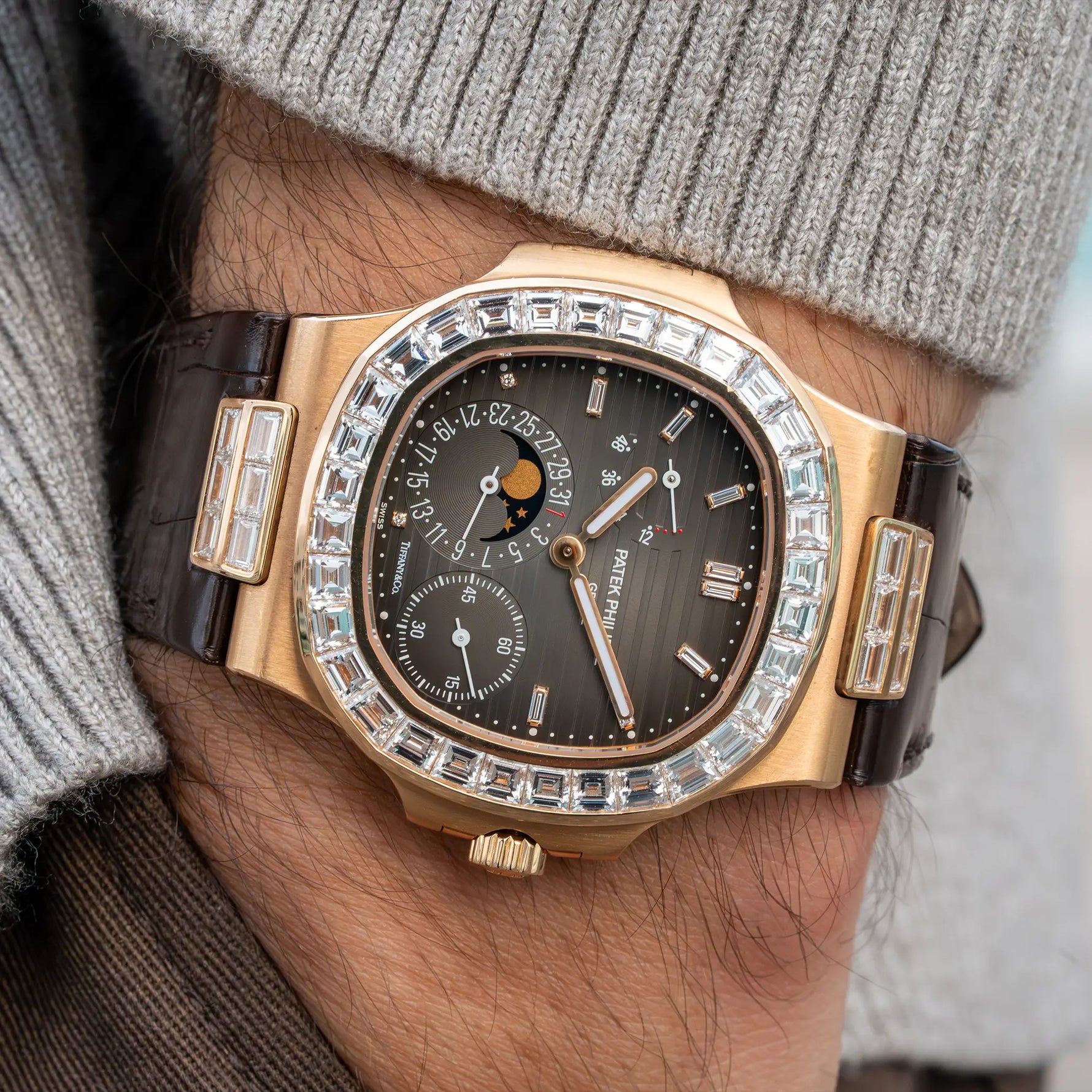 Patek Philippe Nautilus Ref. 5724R-001 Double Signed Tiffany & Co. rose gold brown dial diamond bezel