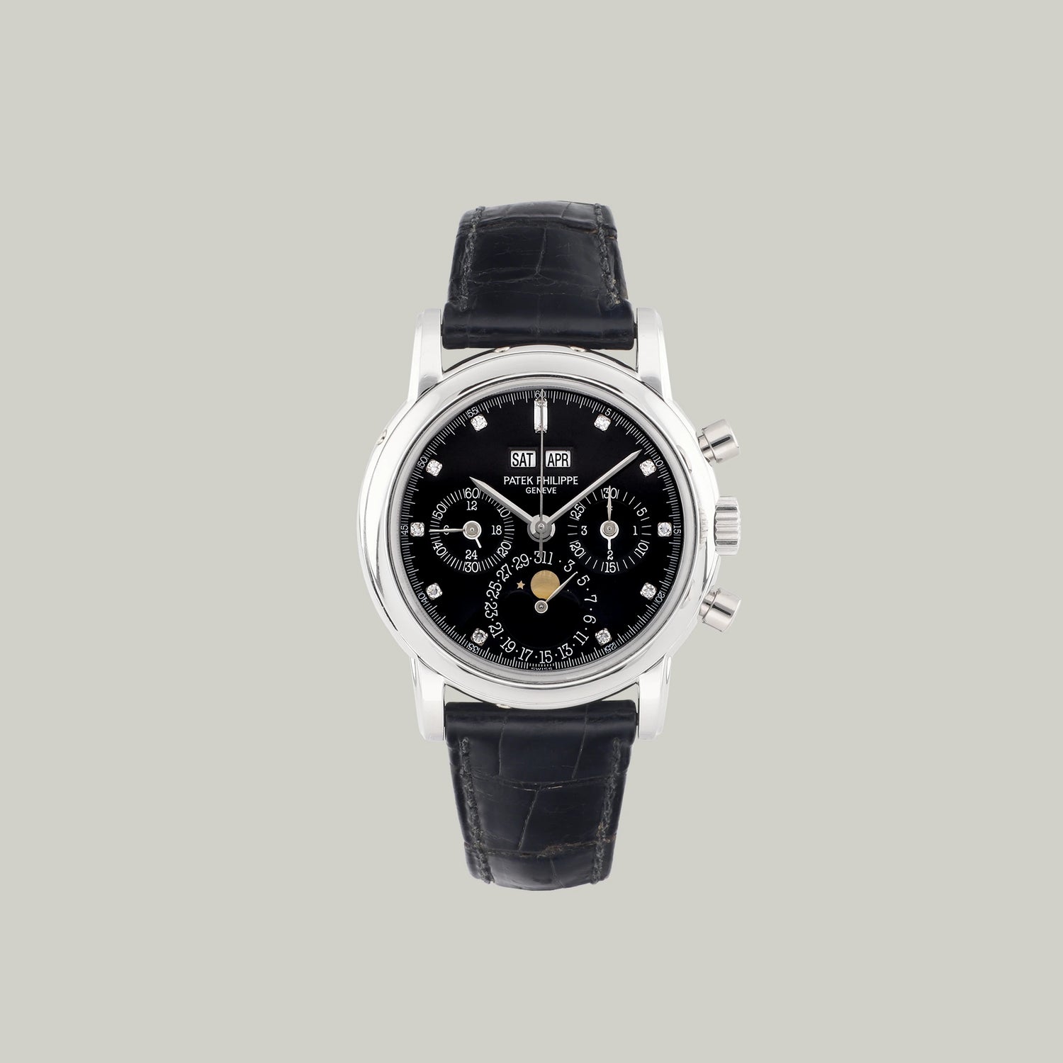 Patek Philippe Perpetual Calendar Chronograph Ref. 3970EP Diamond-Set Indexes platinum black dial