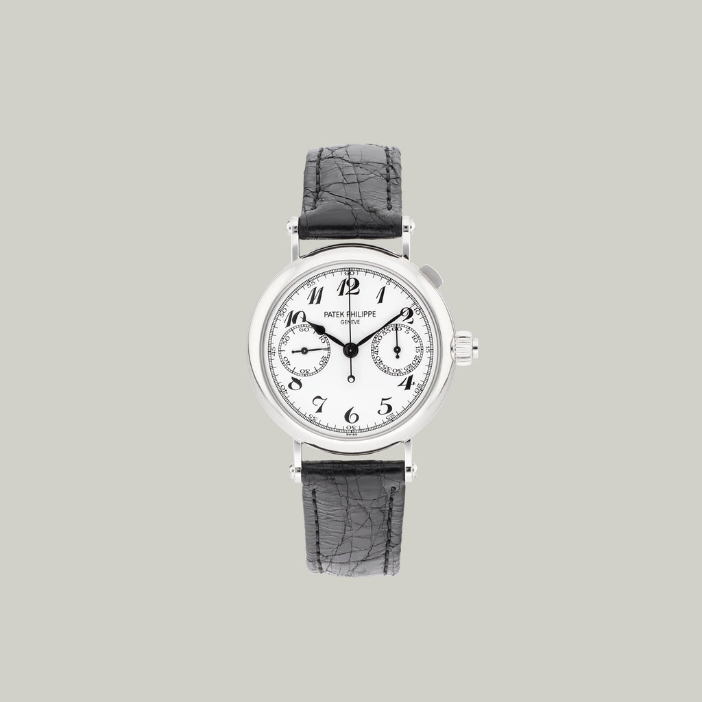 Patek Philippe Single Button Split Seconds Chronograph Ref. 5959P-001 white lacquer dial black Breguet numerals
