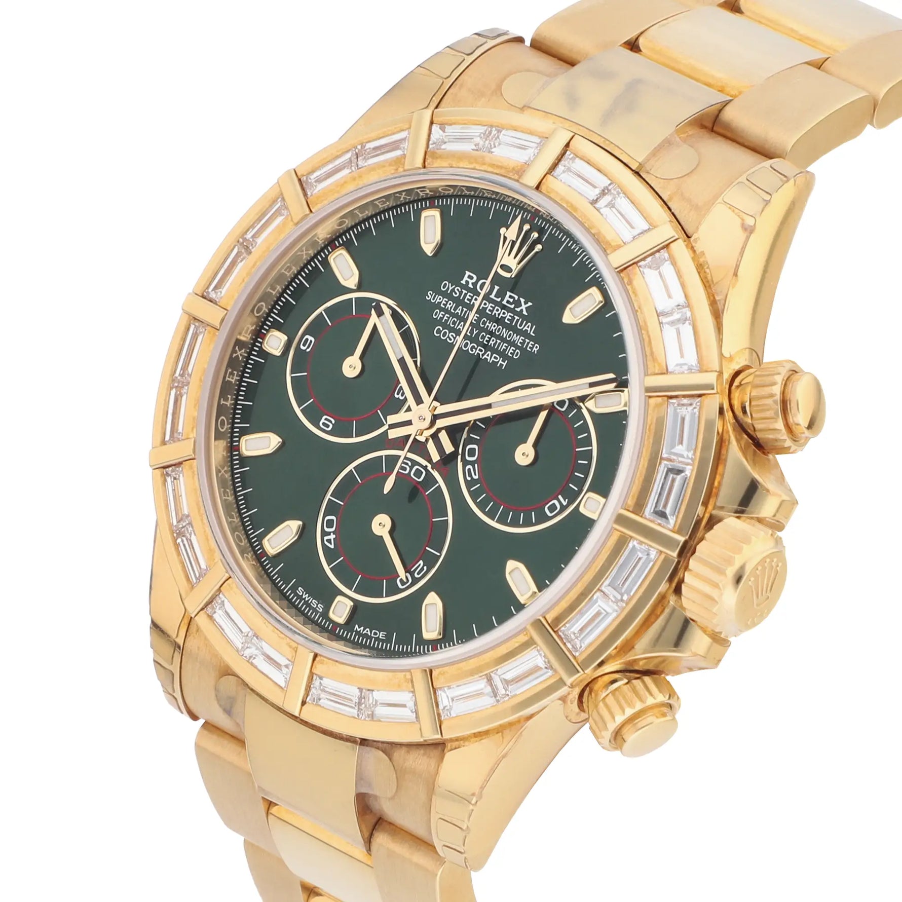 Rolex Cosmograph Daytona Ref. 116568BR yellow gold green dial baguettes diamonds set bezel