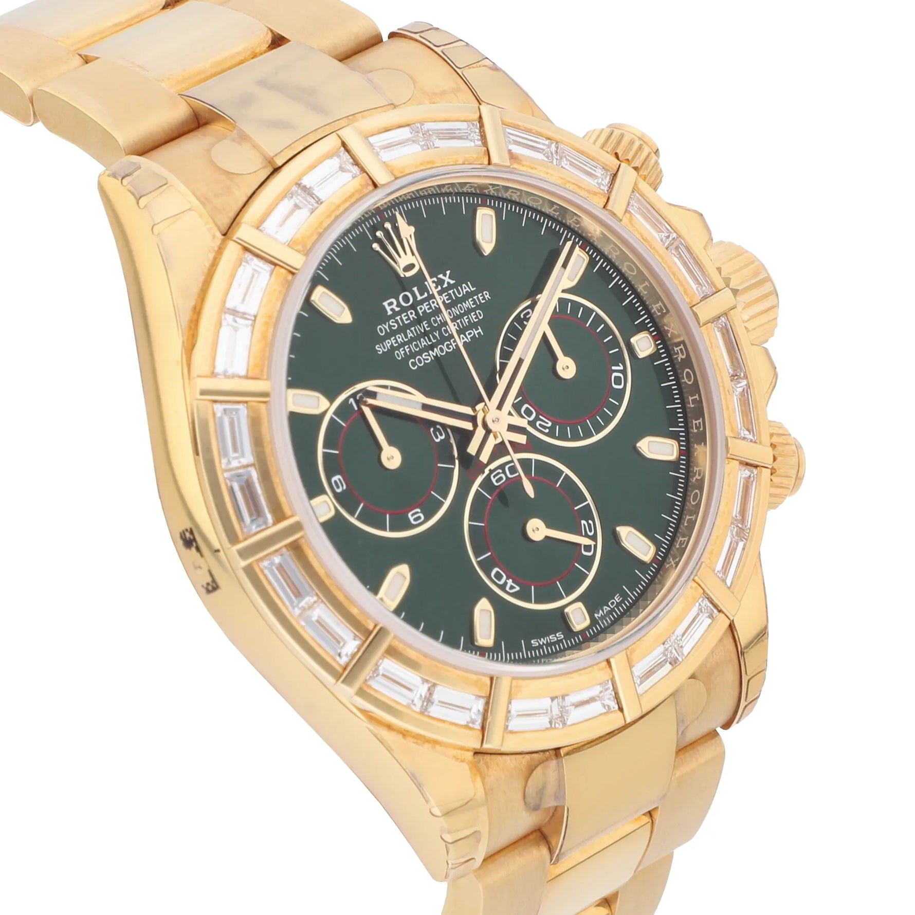 Rolex Cosmograph Daytona Ref. 116568BR yellow gold green dial baguettes diamonds set bezel