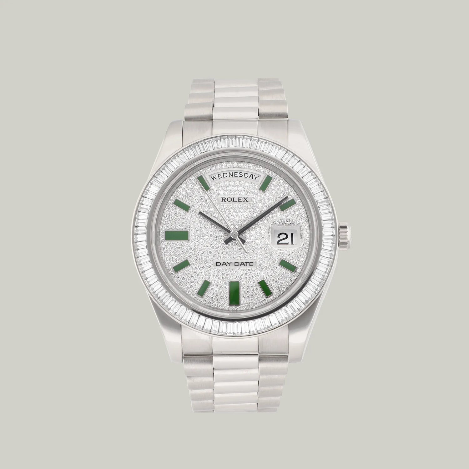 Rolex Day-Date Ref. 218399BR 18k white gold diamond set bezel and dial green enamel hour markers