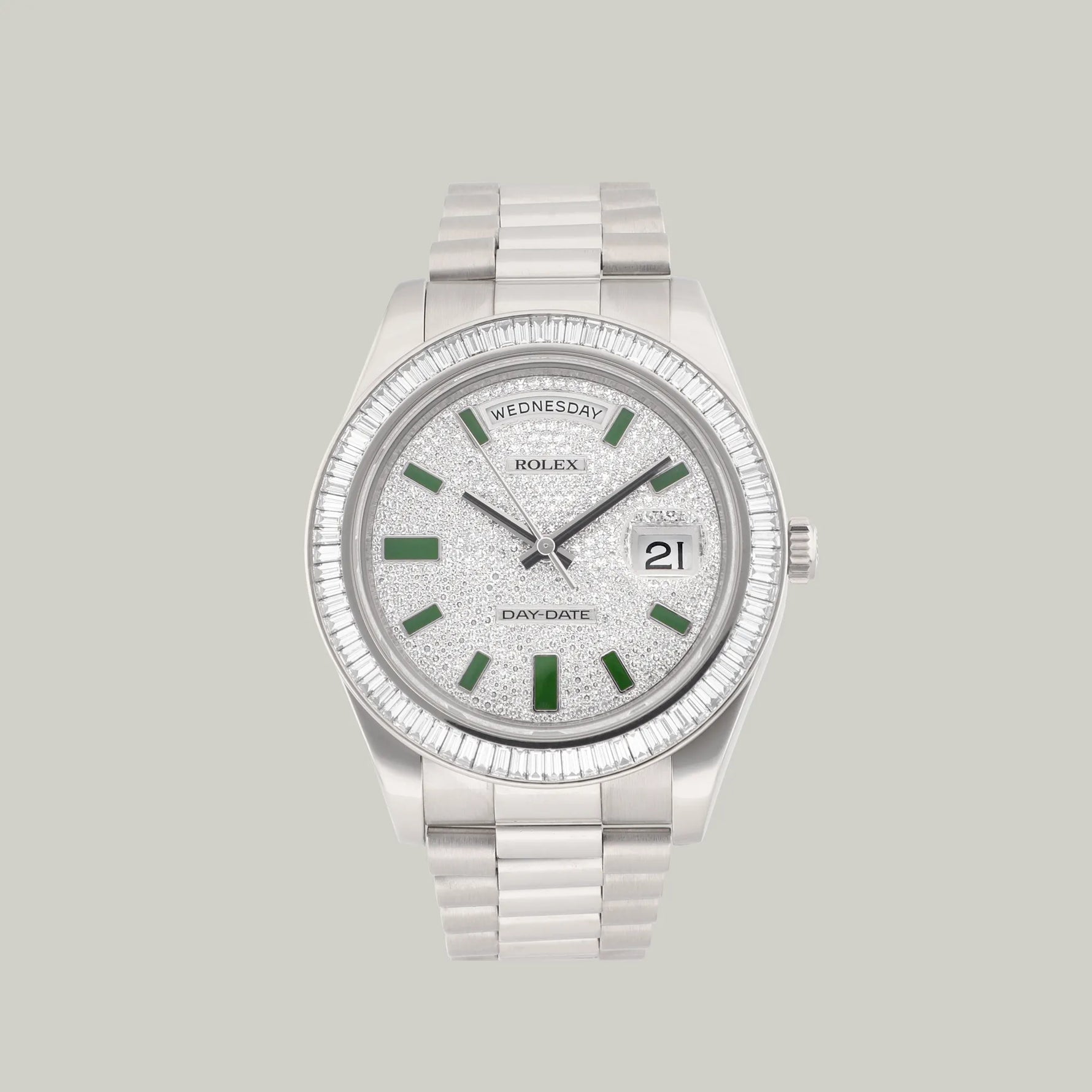 Rolex Day-Date Ref. 218399BR 18k white gold diamond set bezel and dial green enamel hour markers