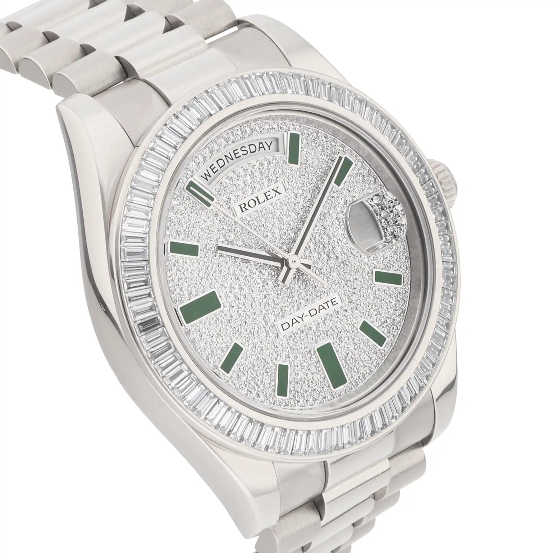 Rolex Day-Date Ref. 218399BR 18k white gold diamond set bezel and dial green enamel hour markers