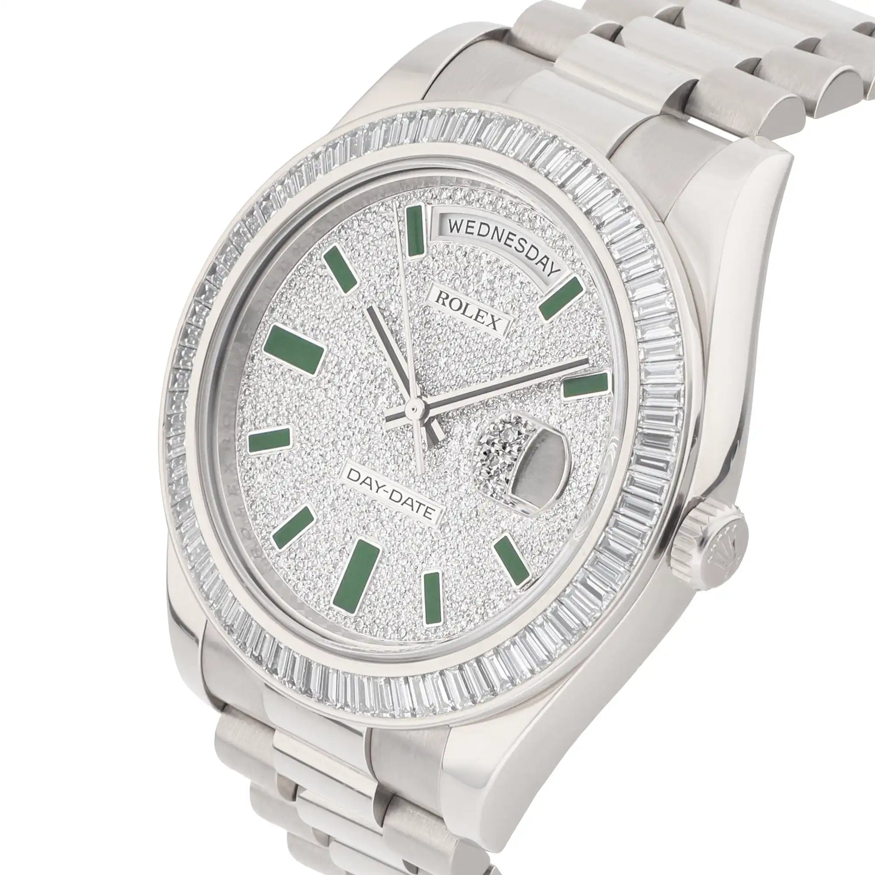 Rolex Day-Date Ref. 218399BR 18k white gold diamond set bezel and dial green enamel hour markers