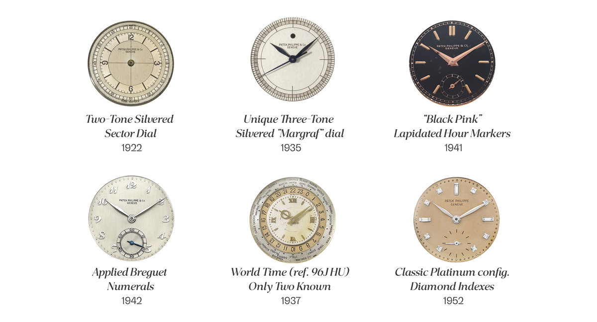 patek philippe reference 96 dials: two-tone silvered sector dial 1922, unique three-tone silvered margraf dial 1935, black pink lapidated hour markers 1941, applied breguet numerals 1942, world time ref. 96J HU only two known 1937, classic platinum config diamond indexes 1952