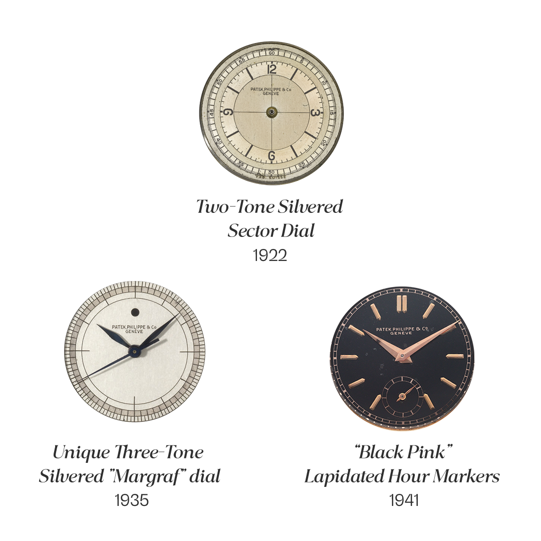 patek philippe reference 96 dials: two-tone silvered sector dial 1922, unique three-tone silvered margraf dial 1935, black pink lapidated hour markers 1941