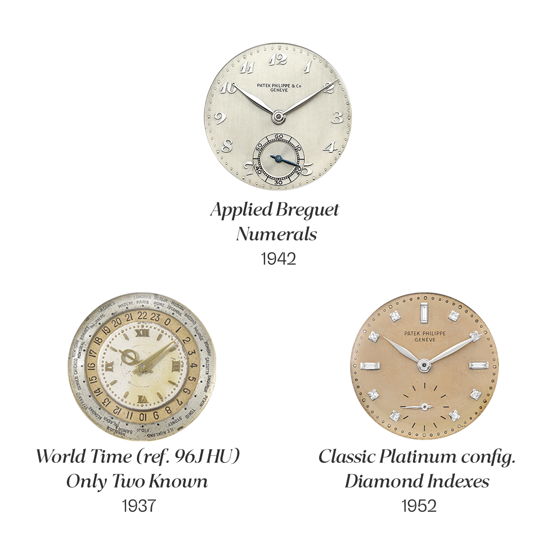 patek philippe reference 96 dials: applied breguet numerals 1942, world time ref. 96J HU only two known 1937, classic platinum config diamond indexes 1952